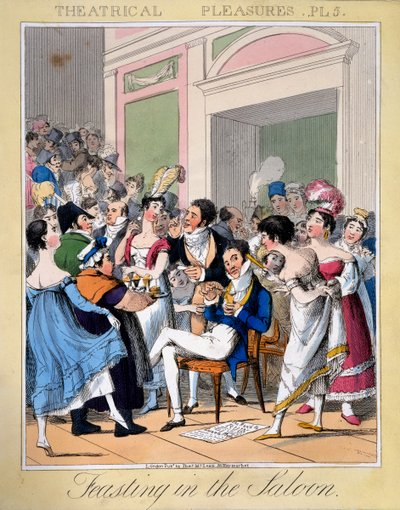 大広間でのごちそう、1827年「劇場の快楽」からのプレート5（手彩色の彫刻） 作： Theodore Lane